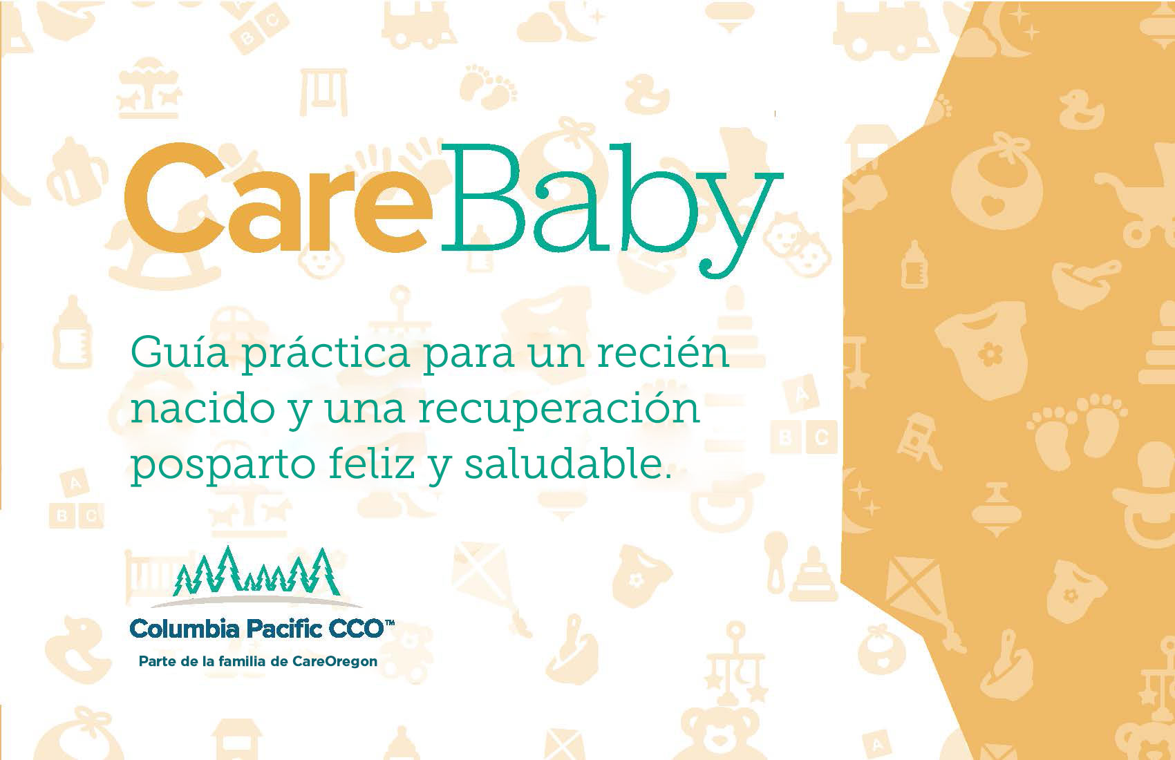 Tapa del cuadernillo sobre el recién nacido CareBaby que dice Guía práctica para un recién nacido y una recuperación posparto feliz y saludable