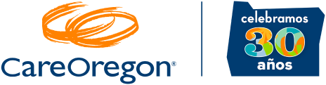 Logotipo de CareOregon junto al contorno de Oregón que dice "celebramos 30 años"