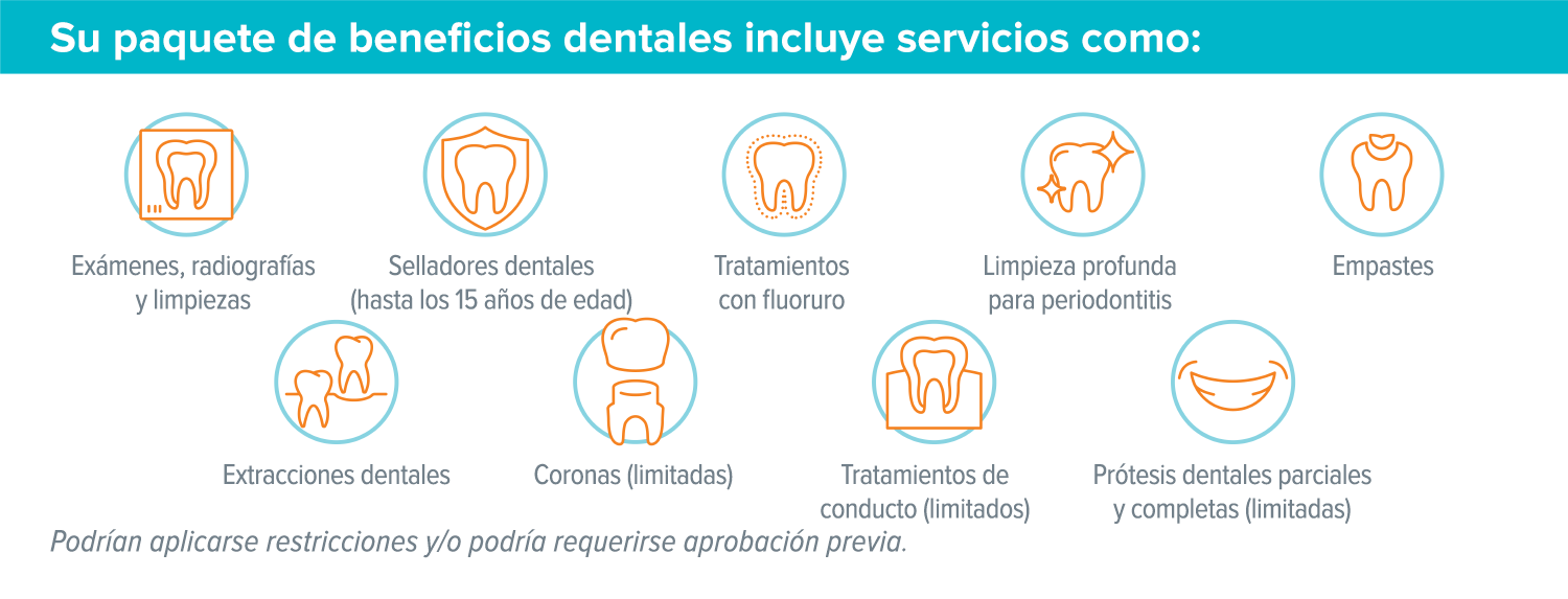 Una lista de los beneficios de atención dental obtenida del folleto correspondiente