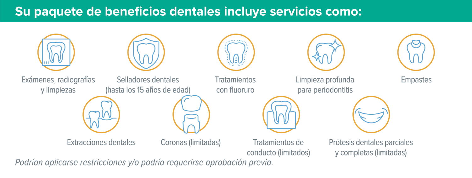 Una lista de los beneficios de atención dental obtenida del folleto correspondiente