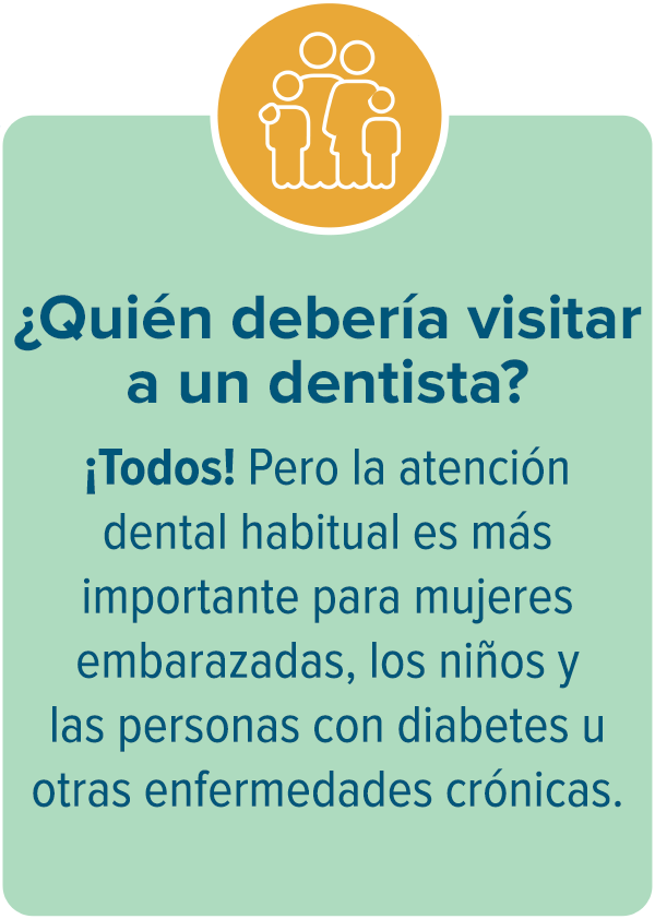 ¿Quién debería visitar a un dentista? ¡Todos deberíamos hacerlo! Pero la atención dental habitual es más importante para mujeres embarazadas, personas con diabetes u otras enfermedades crónicas y niños.