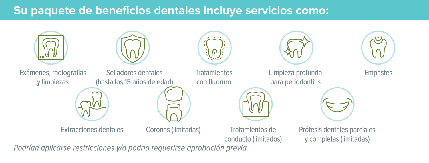 Una lista de los beneficios de atención dental obtenida del folleto correspondiente