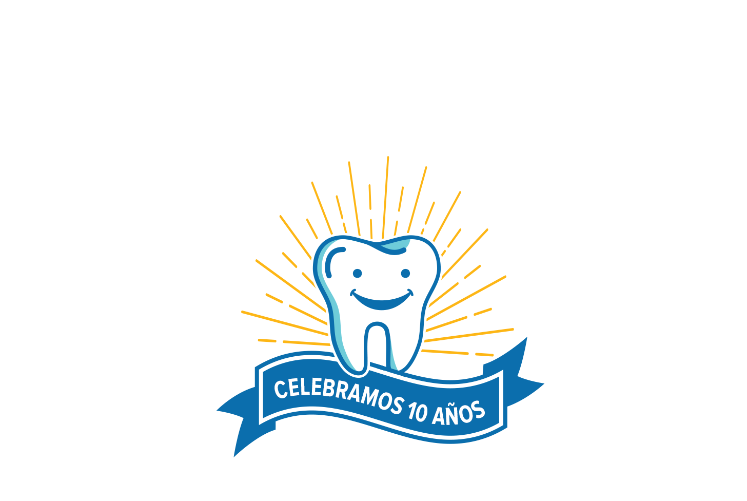Imagen gráfica de un diente brillante y sonriente sobre un cartel que dice "Celebramos 10 años"